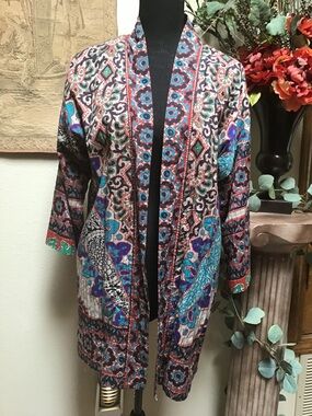 Soft Surroundings Black Light Blazer with Teal & Rust Floral Motif
